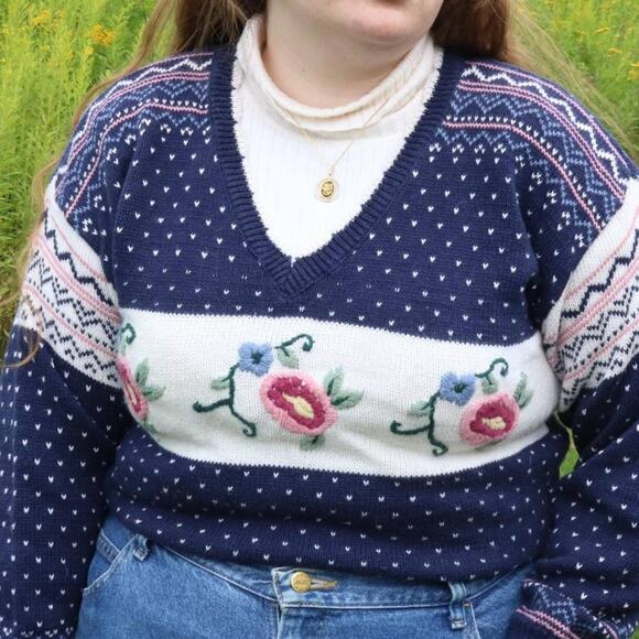 Vintage Knit Floral V-Neck Sweater, M Grandmacore Retro - Picture 3 of 5